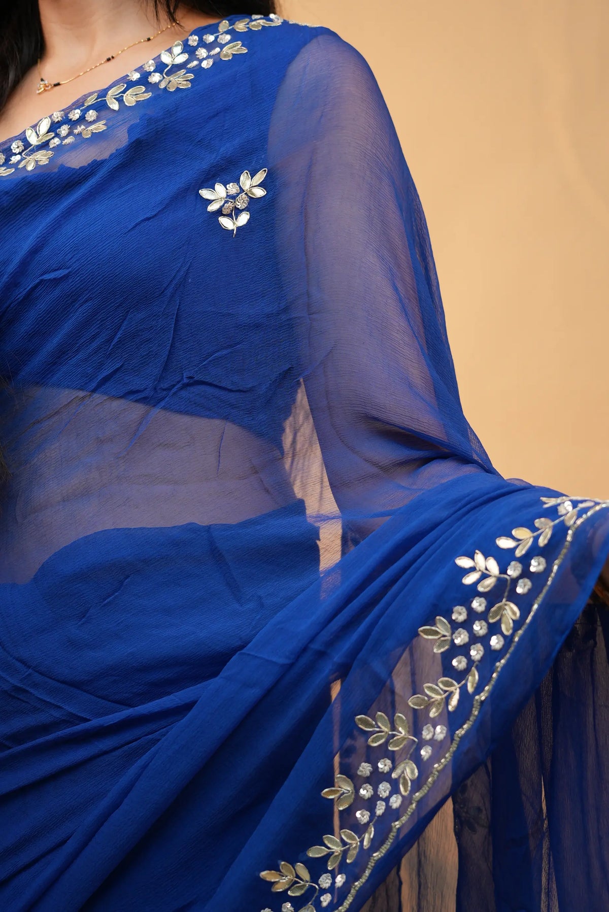 Pure Chiffon Royal Blue Saree with Elegant Sequin & Zardozi with Gota Patti Floral Handwork Border (With Blouse)