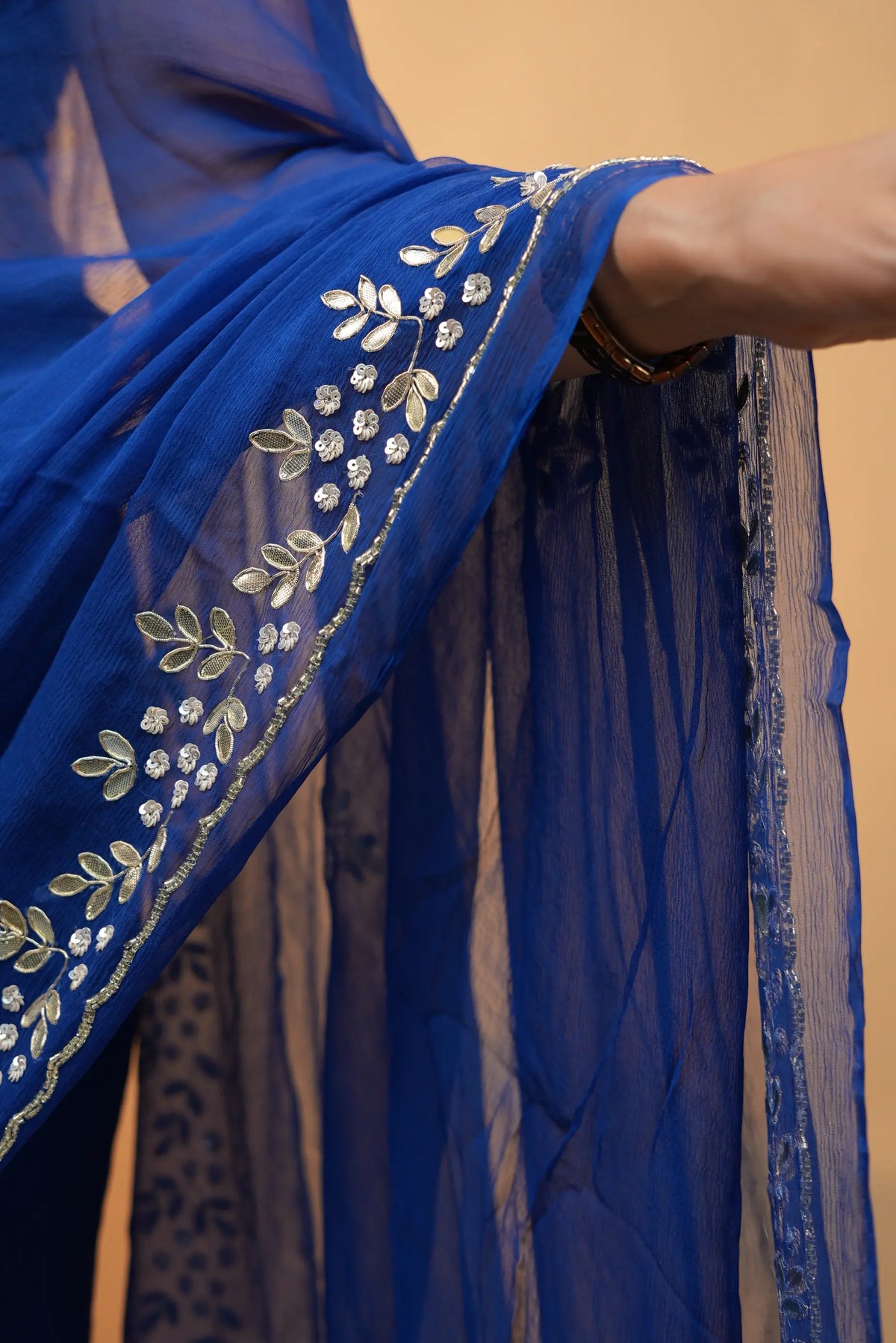 Pure Chiffon Royal Blue Saree with Elegant Sequin & Zardozi with Gota Patti Floral Handwork Border (With Blouse)