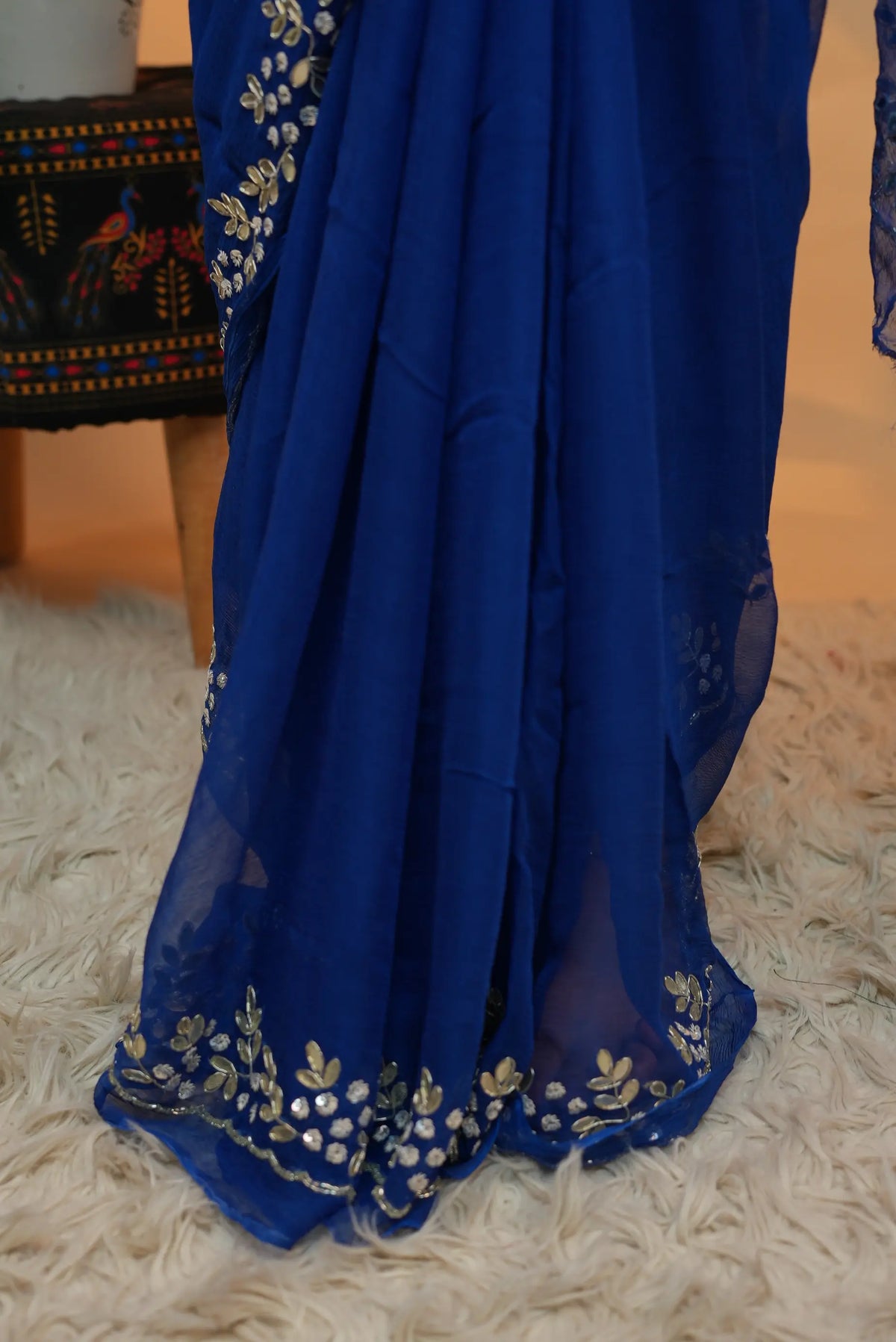 Pure Chiffon Royal Blue Saree with Elegant Sequin & Zardozi with Gota Patti Floral Handwork Border (With Blouse)