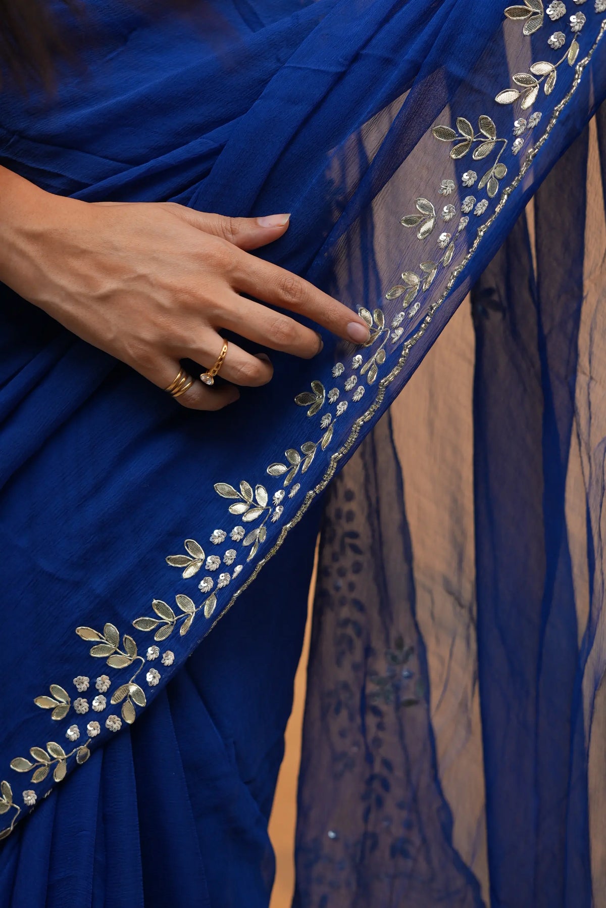 Pure Chiffon Royal Blue Saree with Elegant Sequin & Zardozi with Gota Patti Floral Handwork Border (With Blouse)