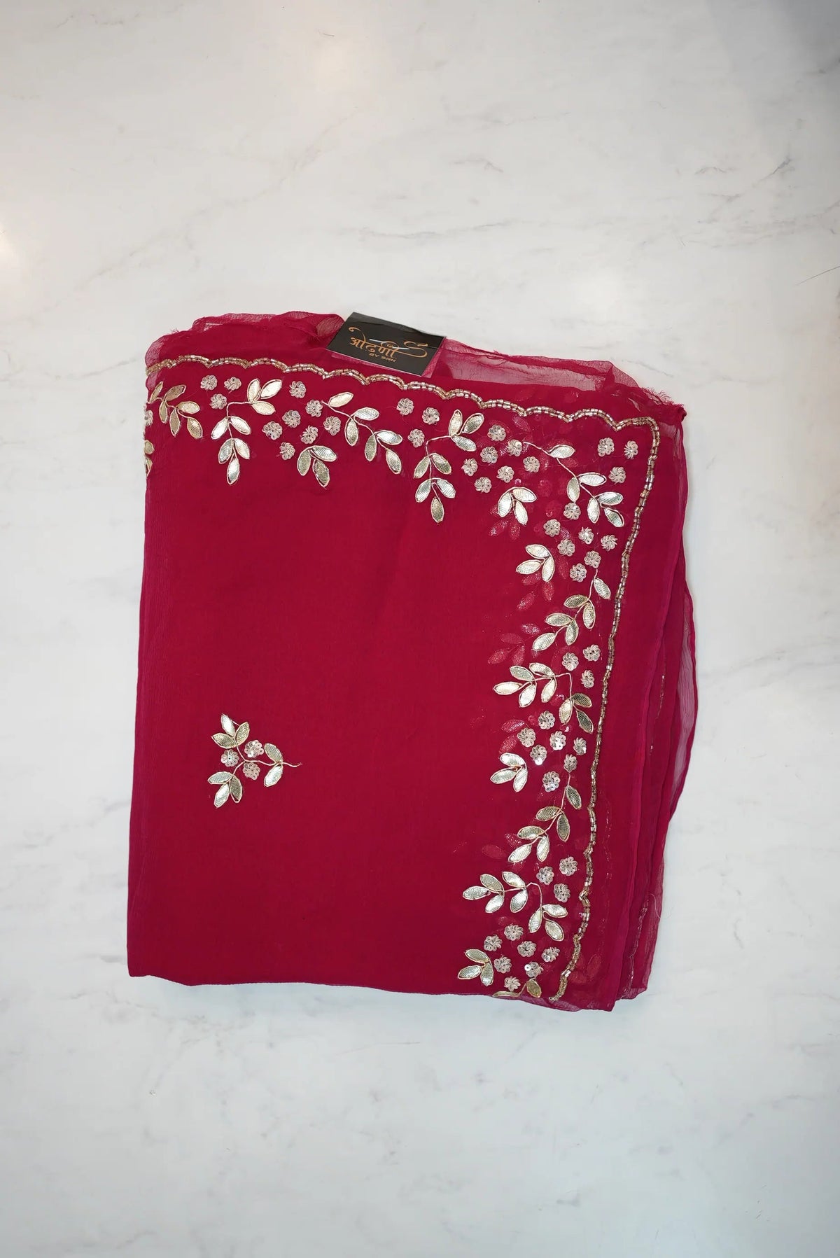 Pure Chiffon Royal Blue Saree with Elegant Sequin & Zardozi with Gota Patti Floral Handwork Border (With Blouse)