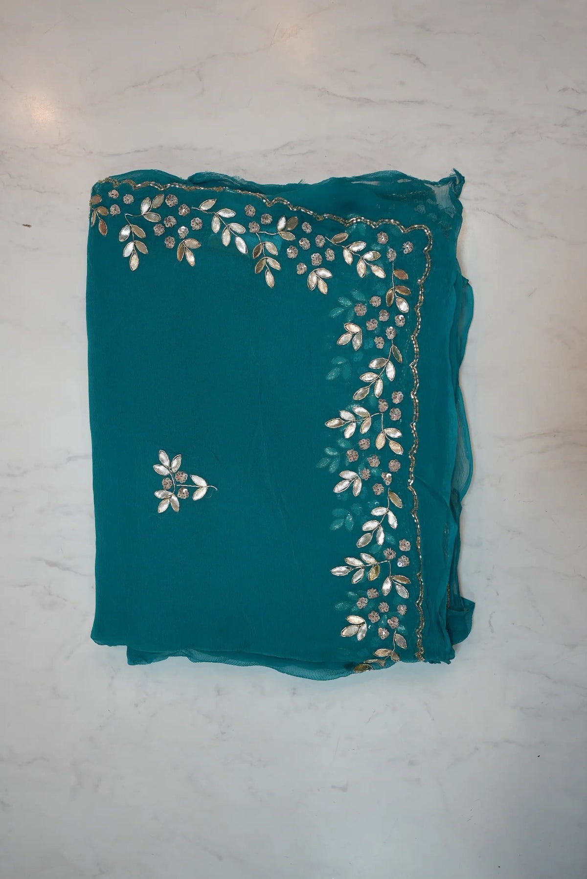 Pure Chiffon Royal Blue Saree with Elegant Sequin & Zardozi with Gota Patti Floral Handwork Border (With Blouse)