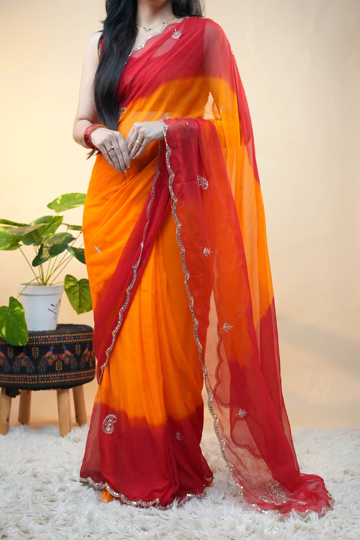 Traditional Rajasthani Pila Pure Chiffon Saree with Aari Tari, Cutdana & Mirror Handwork Border (With Blouse)