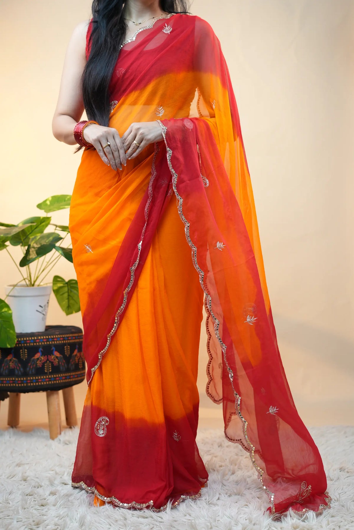 Traditional Rajasthani Pila Pure Chiffon Saree with Aari Tari, Cutdana & Mirror Handwork Border (With Blouse)