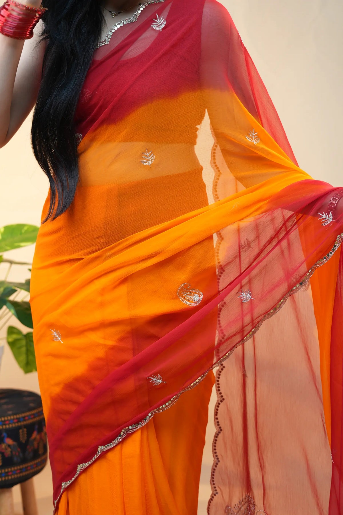 Traditional Rajasthani Pila Pure Chiffon Saree with Aari Tari, Cutdana & Mirror Handwork Border (With Blouse)