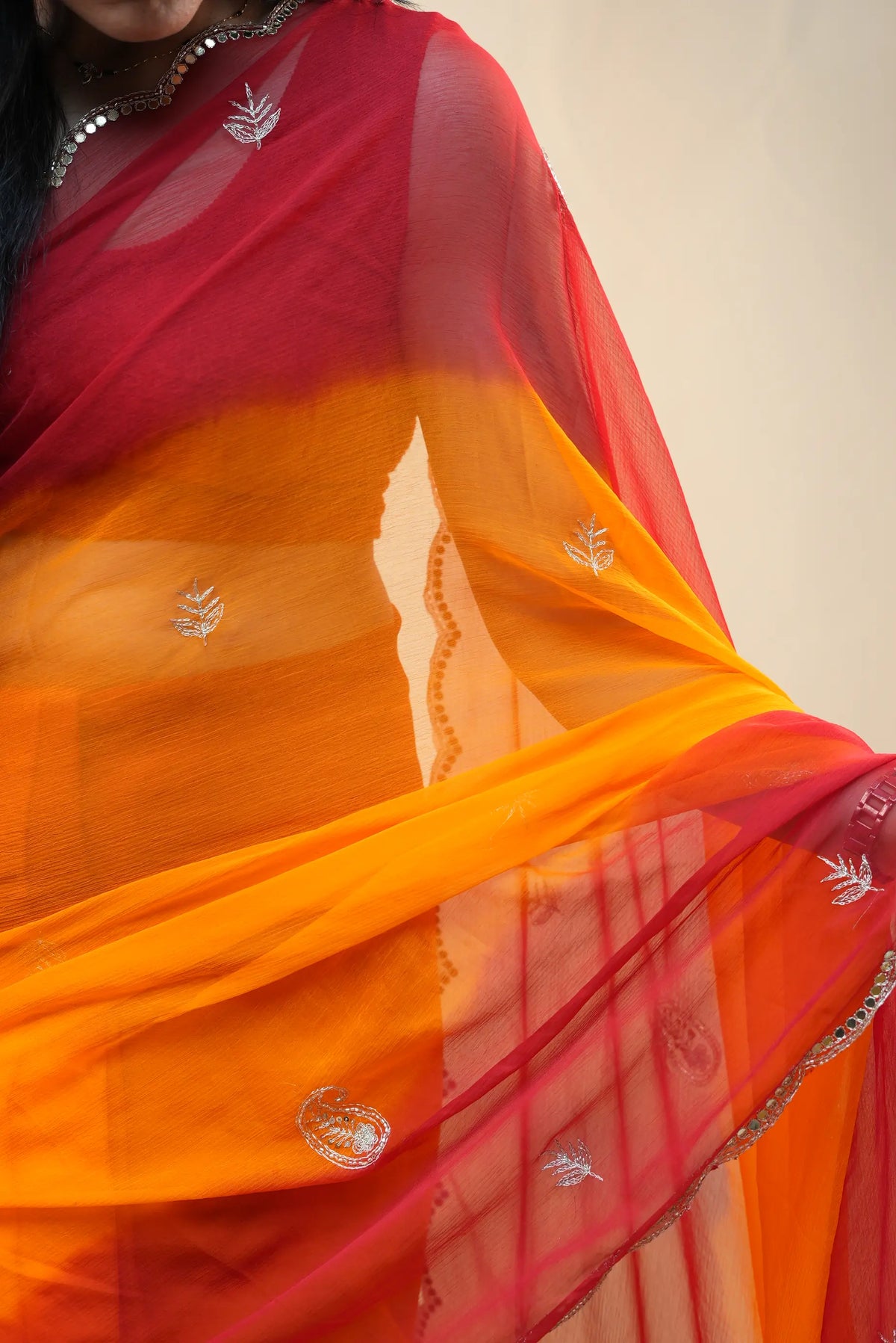 Traditional Rajasthani Pila Pure Chiffon Saree with Aari Tari, Cutdana & Mirror Handwork Border (With Blouse)