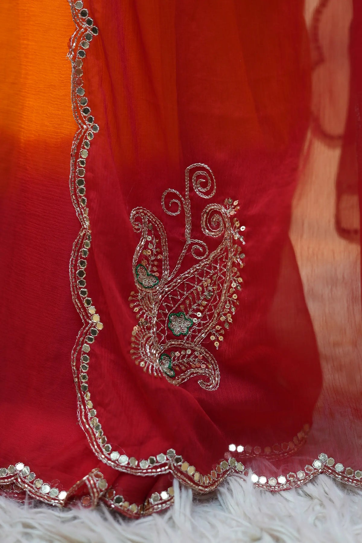 Traditional Rajasthani Pila Pure Chiffon Saree with Aari Tari, Cutdana & Mirror Handwork Border (With Blouse)