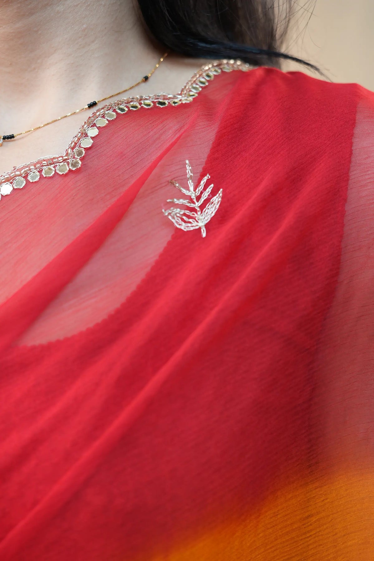 Traditional Rajasthani Pila Pure Chiffon Saree with Aari Tari, Cutdana & Mirror Handwork Border (With Blouse)