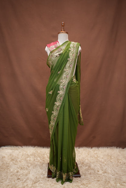 GEORGETTE FABRIC SAREE WITH AARI TARI & CUTDANA AND RESHAM WORK (WITH BLOUSE)  ##SR632