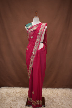 GEORGETTE FABRIC SAREE WITH AARI TARI & CUTDANA AND RESHAM WORK (WITH BLOUSE)  ##SR632