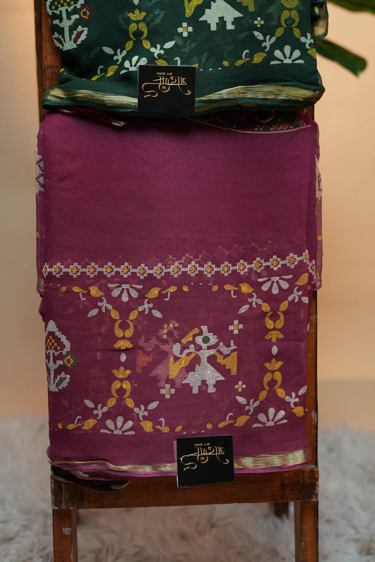 Traditional Rajasthani Georgette Saree with Patola-Inspired Elephant & Floral Print and Golden Border (With Blouse)