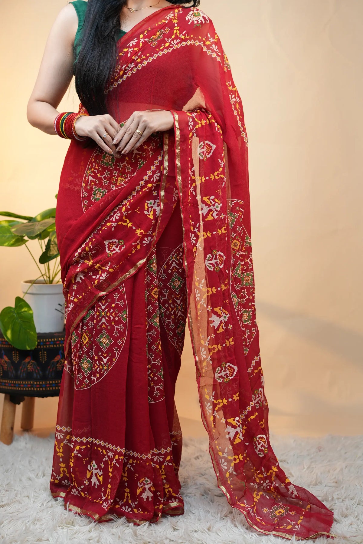 Traditional Rajasthani Georgette Saree with Patola-Inspired Elephant & Floral Print and Golden Border (With Blouse)