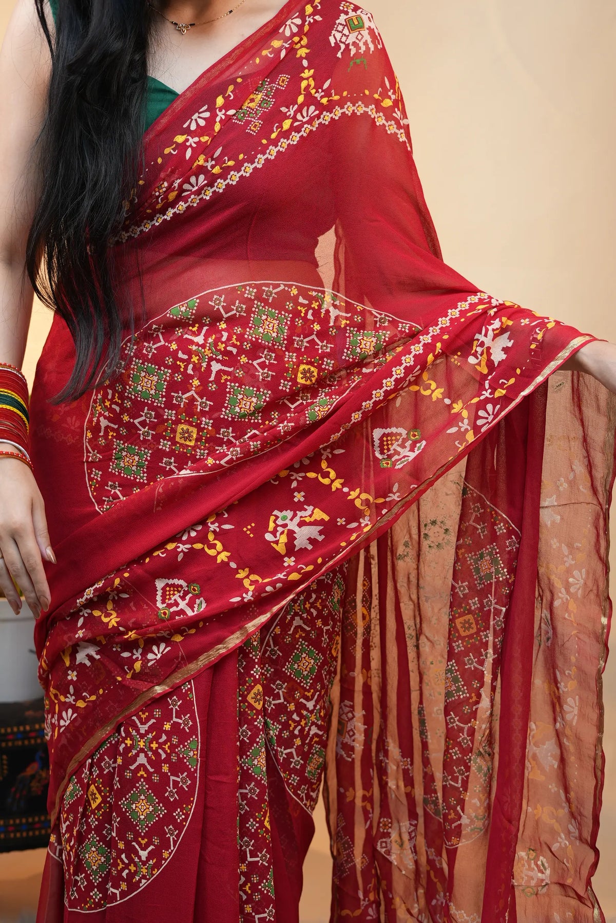 Traditional Rajasthani Georgette Saree with Patola-Inspired Elephant & Floral Print and Golden Border (With Blouse)