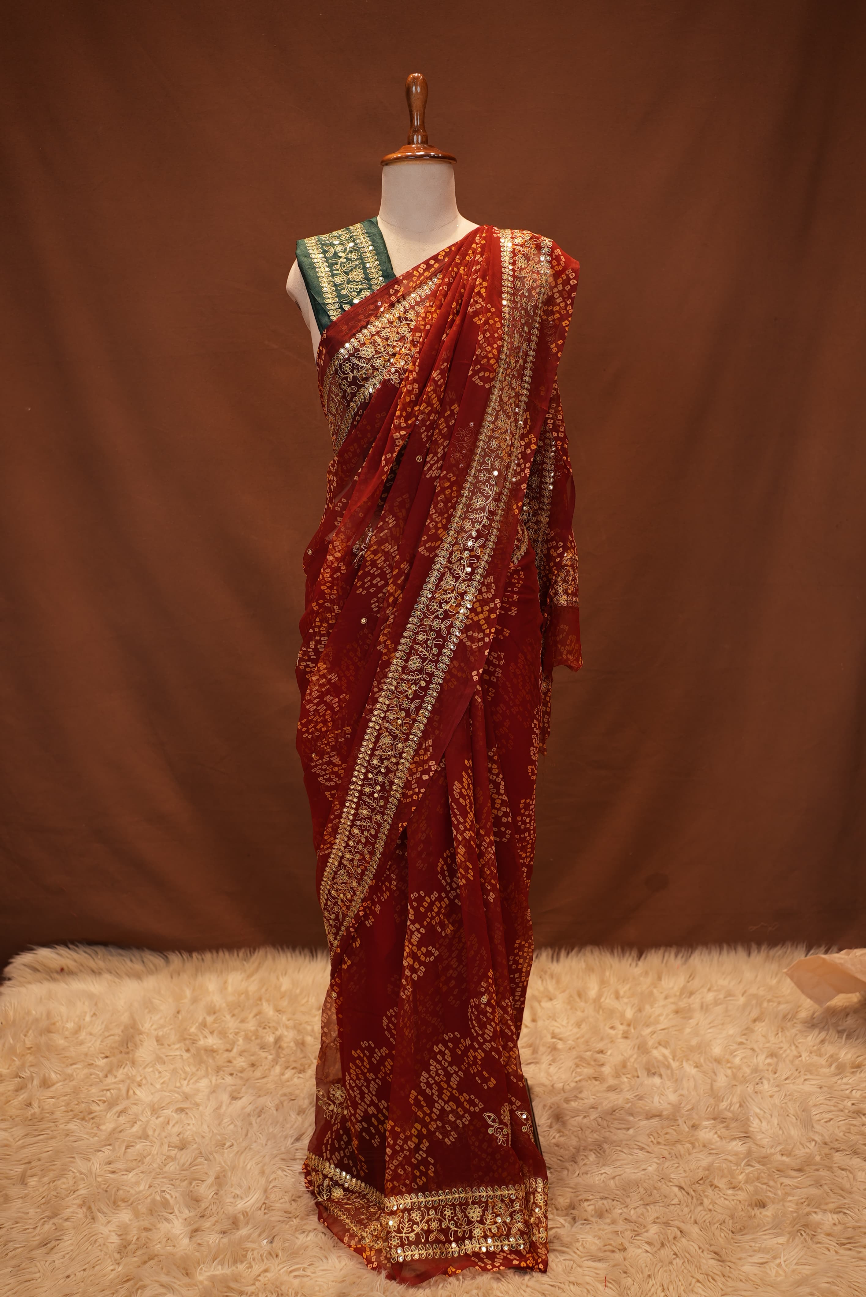 Georgette Bandhani Saree with Aari Tari Work & Green Blouse