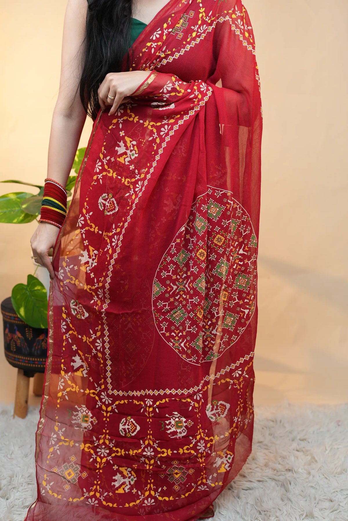 Traditional Rajasthani Georgette Saree with Patola-Inspired Elephant & Floral Print and Golden Border (With Blouse)