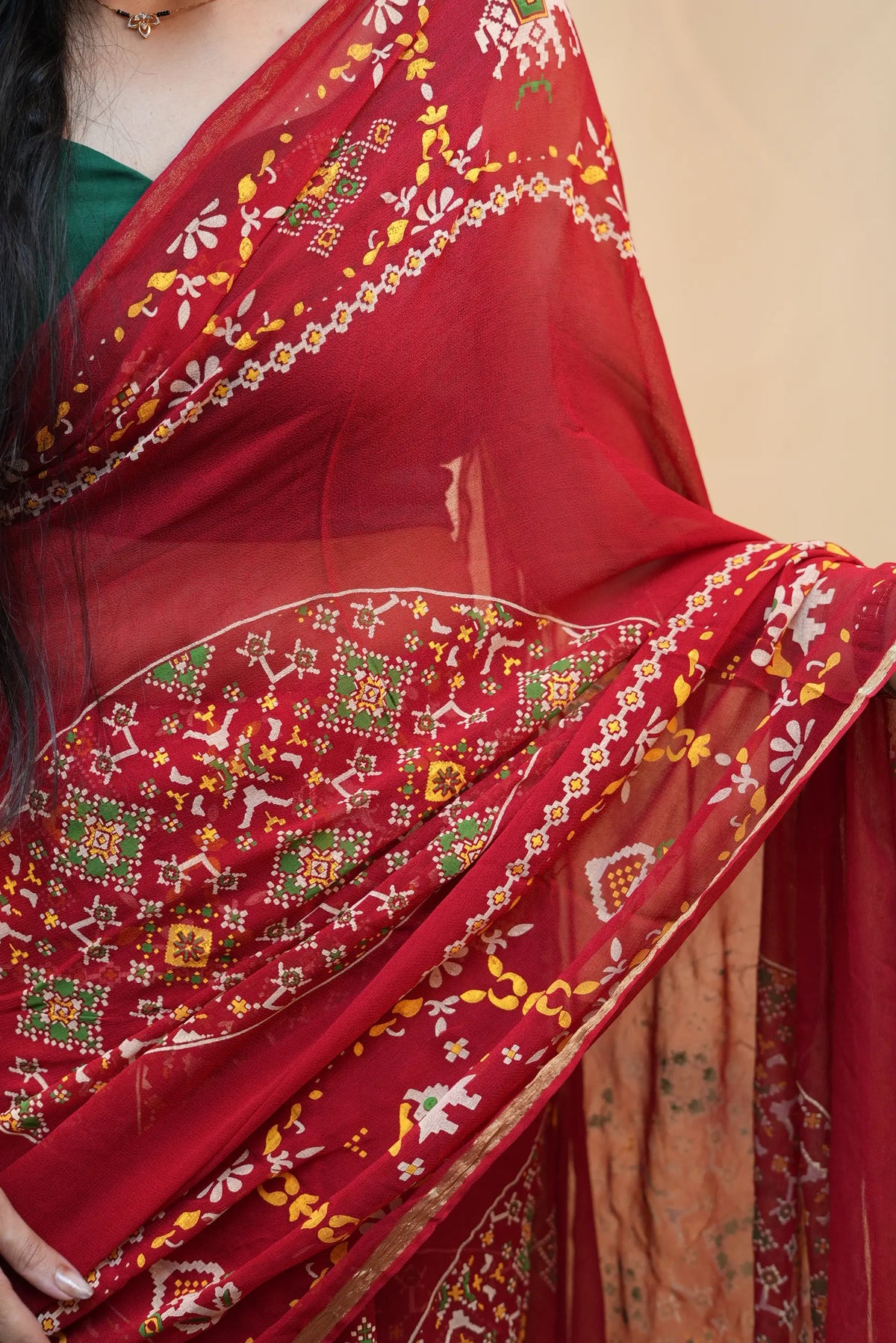 Traditional Rajasthani Georgette Saree with Patola-Inspired Elephant & Floral Print and Golden Border (With Blouse)