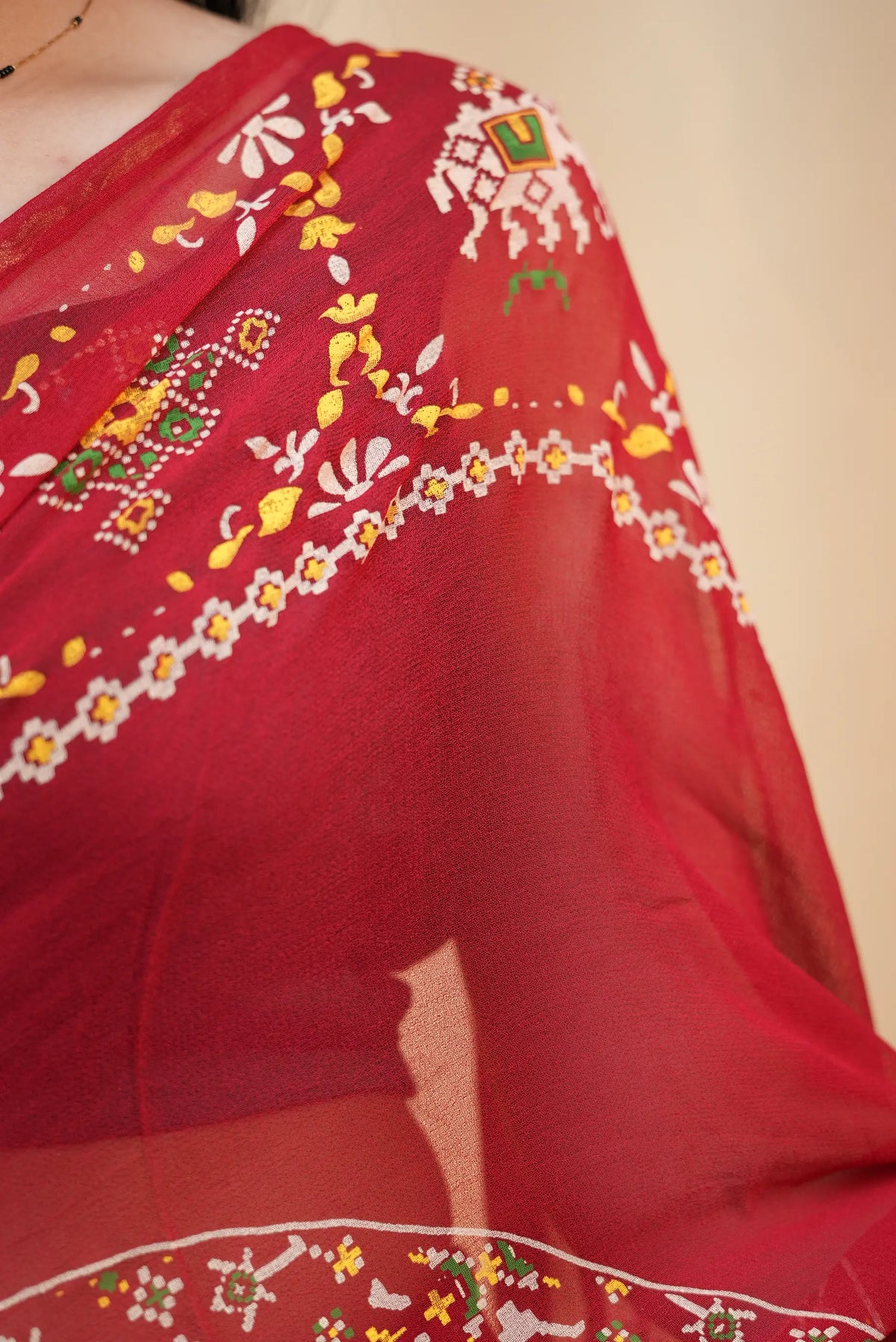 Traditional Rajasthani Georgette Saree with Patola-Inspired Elephant & Floral Print and Golden Border (With Blouse)