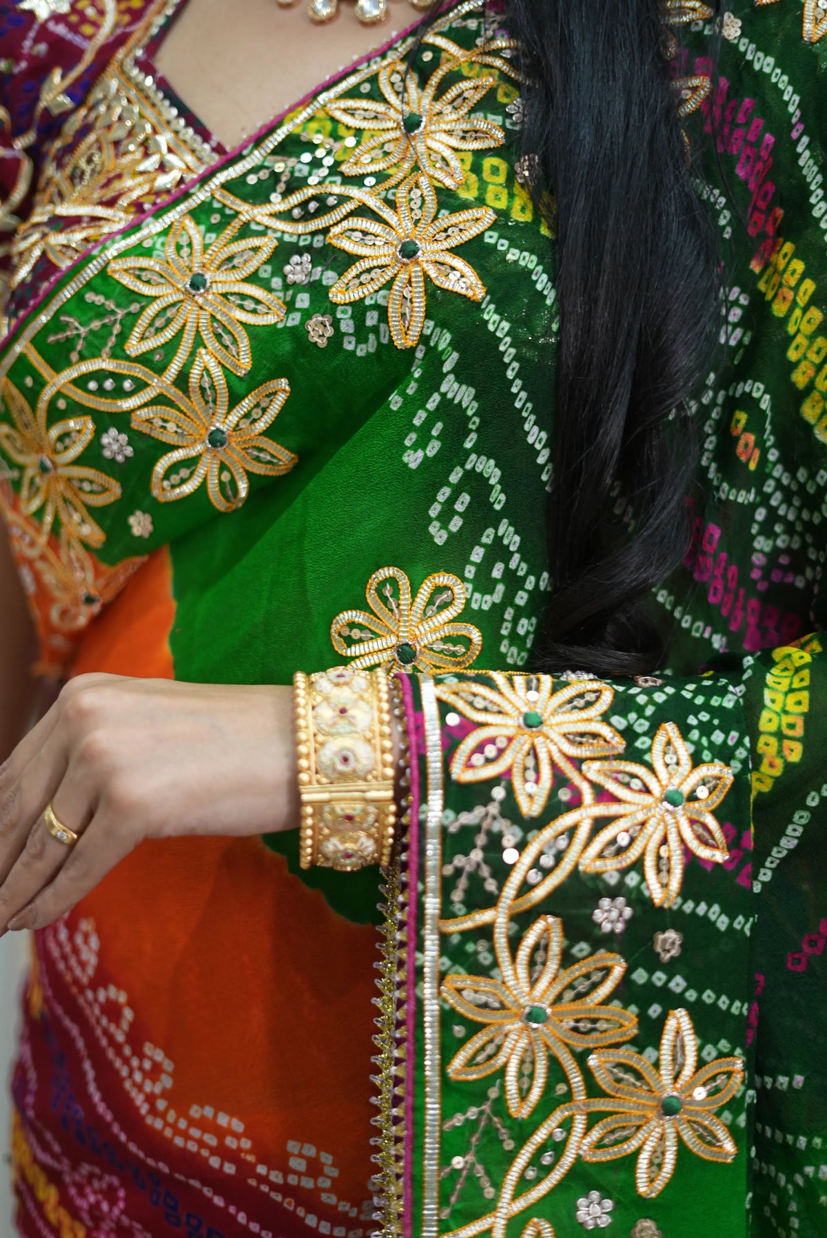 Traditional Panchrangi Hand Bandhej Saree With Charkhi Gota Work (With Blouse)