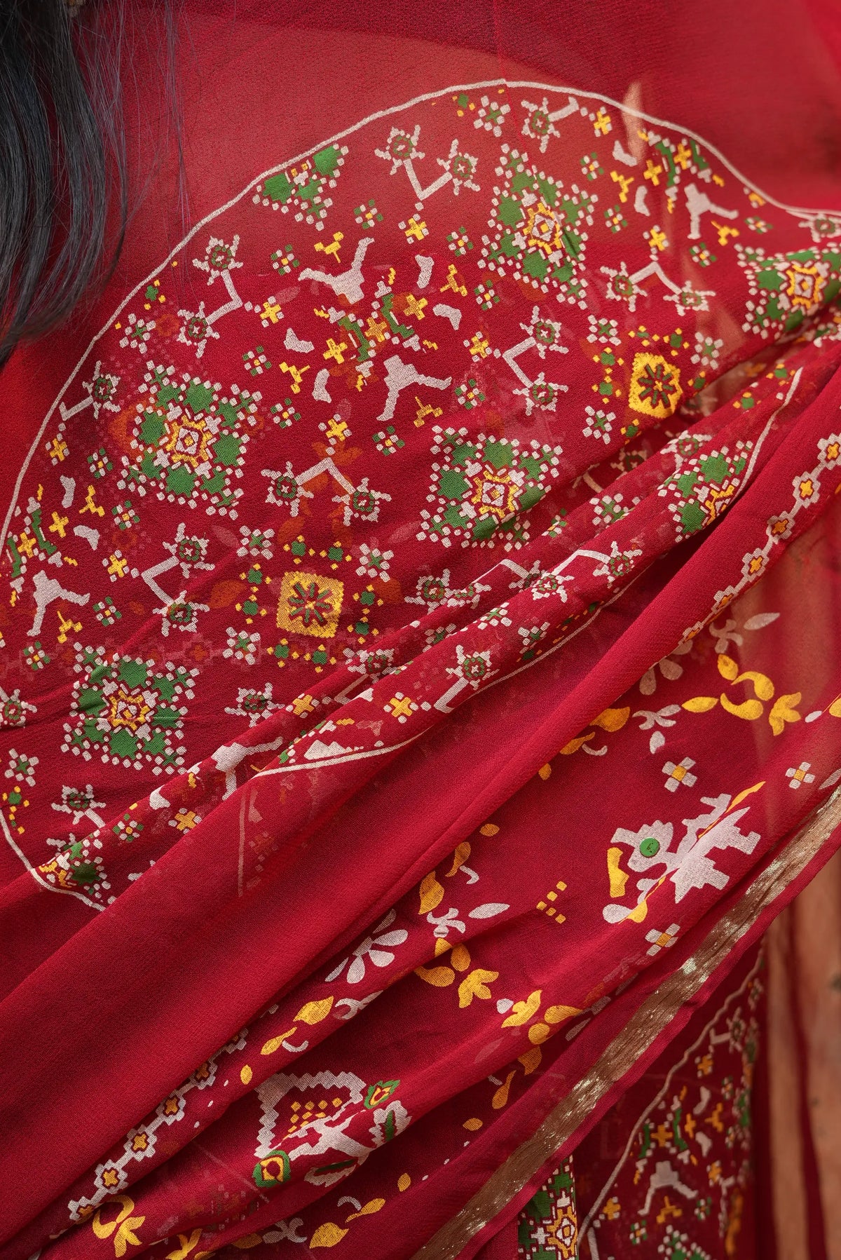 Traditional Rajasthani Georgette Saree with Patola-Inspired Elephant & Floral Print and Golden Border (With Blouse)