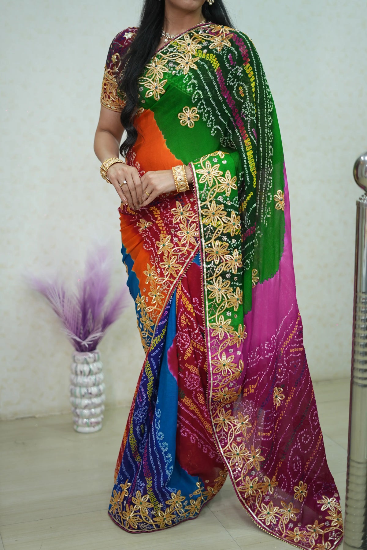 Traditional Panchrangi Hand Bandhej Saree With Charkhi Gota Work (With Blouse)