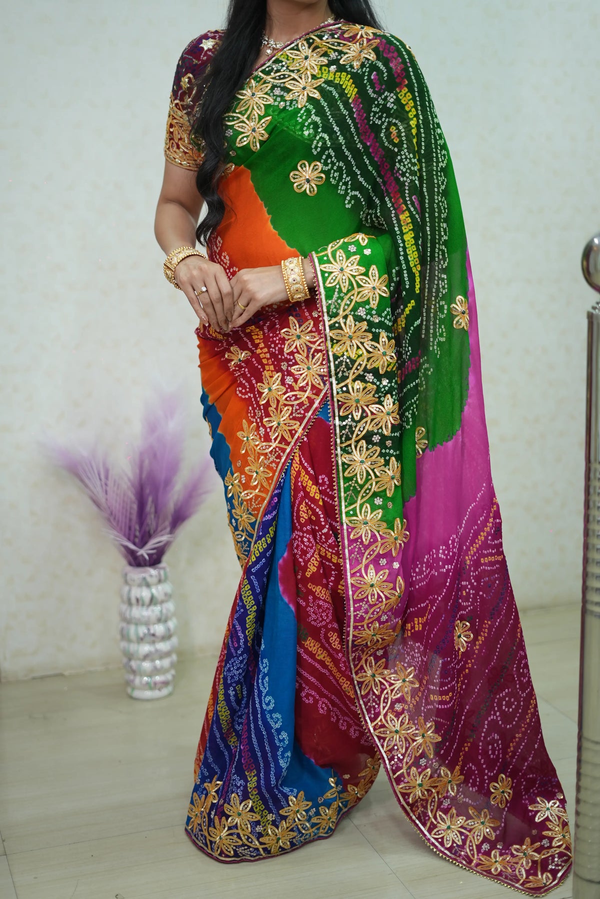 Traditional Panchrangi Hand Bandhej Saree With Charkhi Gota Work (With Blouse)