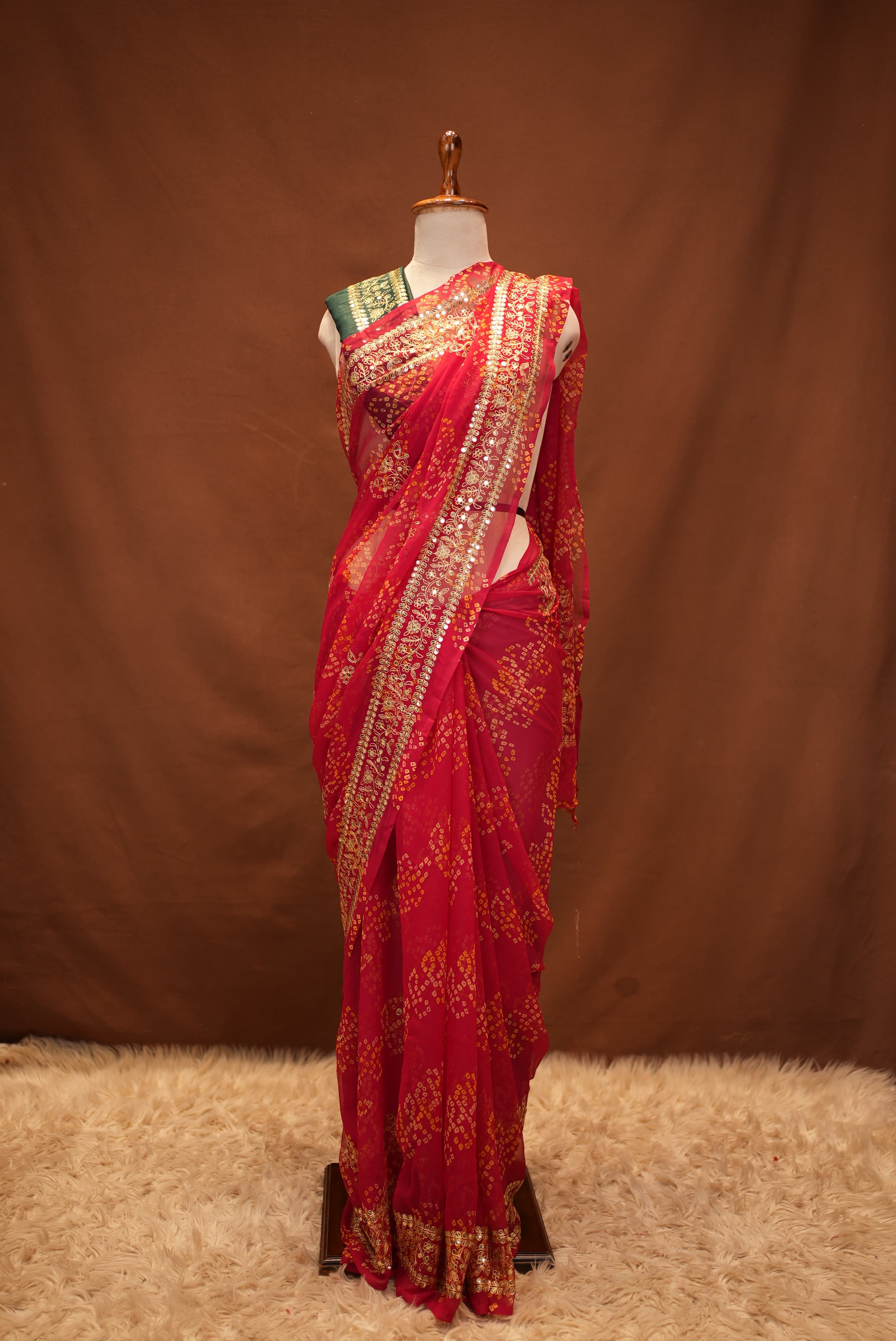 Georgette Bandhani Saree with Aari Tari Work & Green Blouse