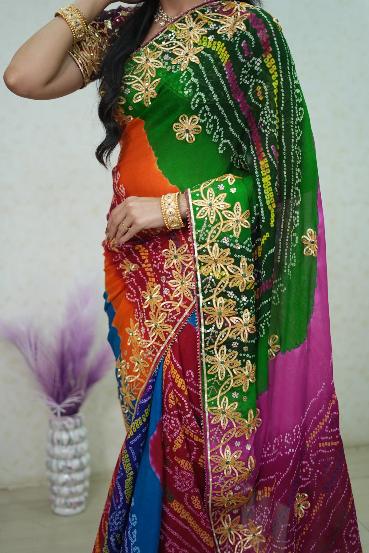 Traditional Panchrangi Hand Bandhej Saree With Charkhi Gota Work (With Blouse)
