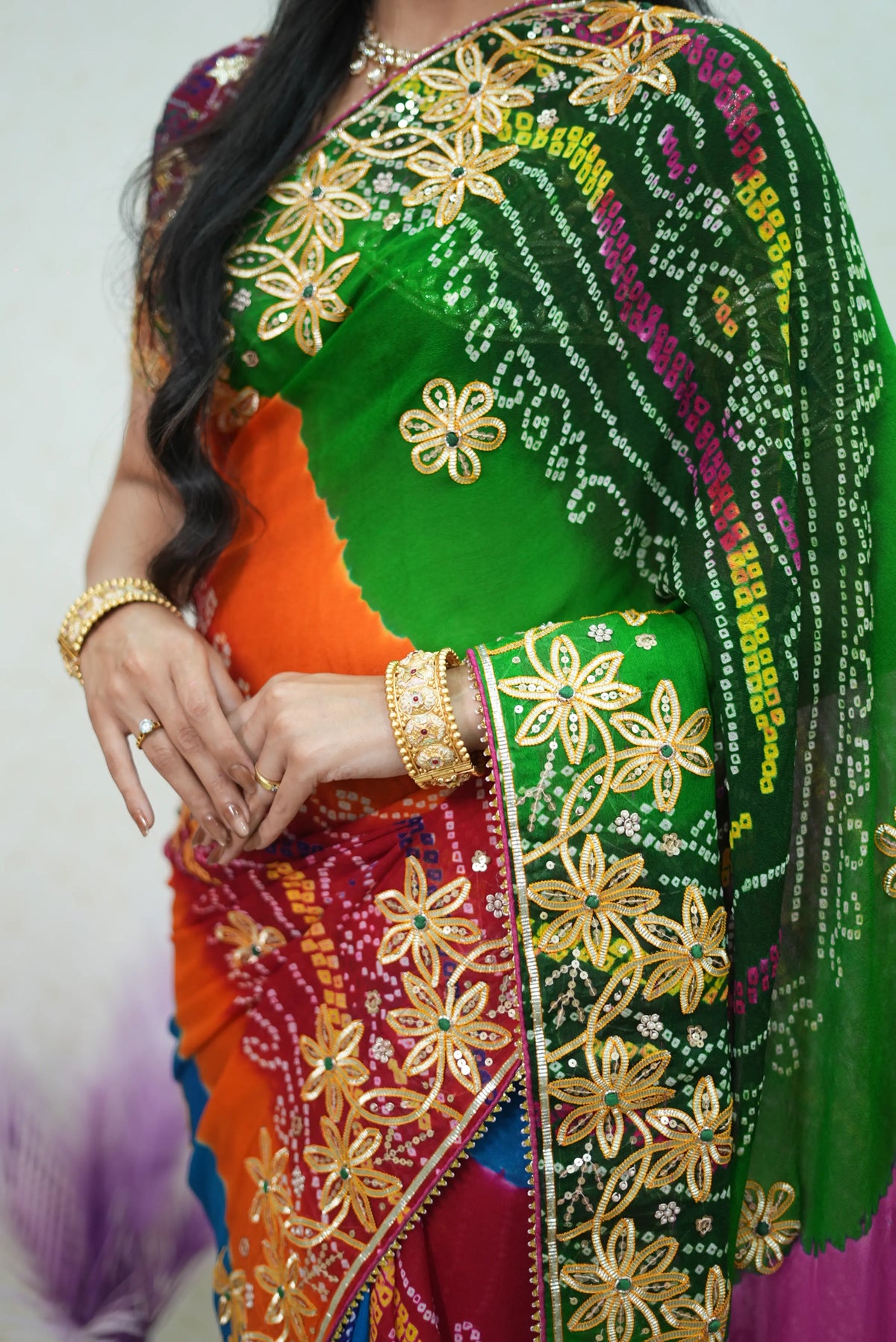 Traditional Panchrangi Hand Bandhej Saree With Charkhi Gota Work (With Blouse)