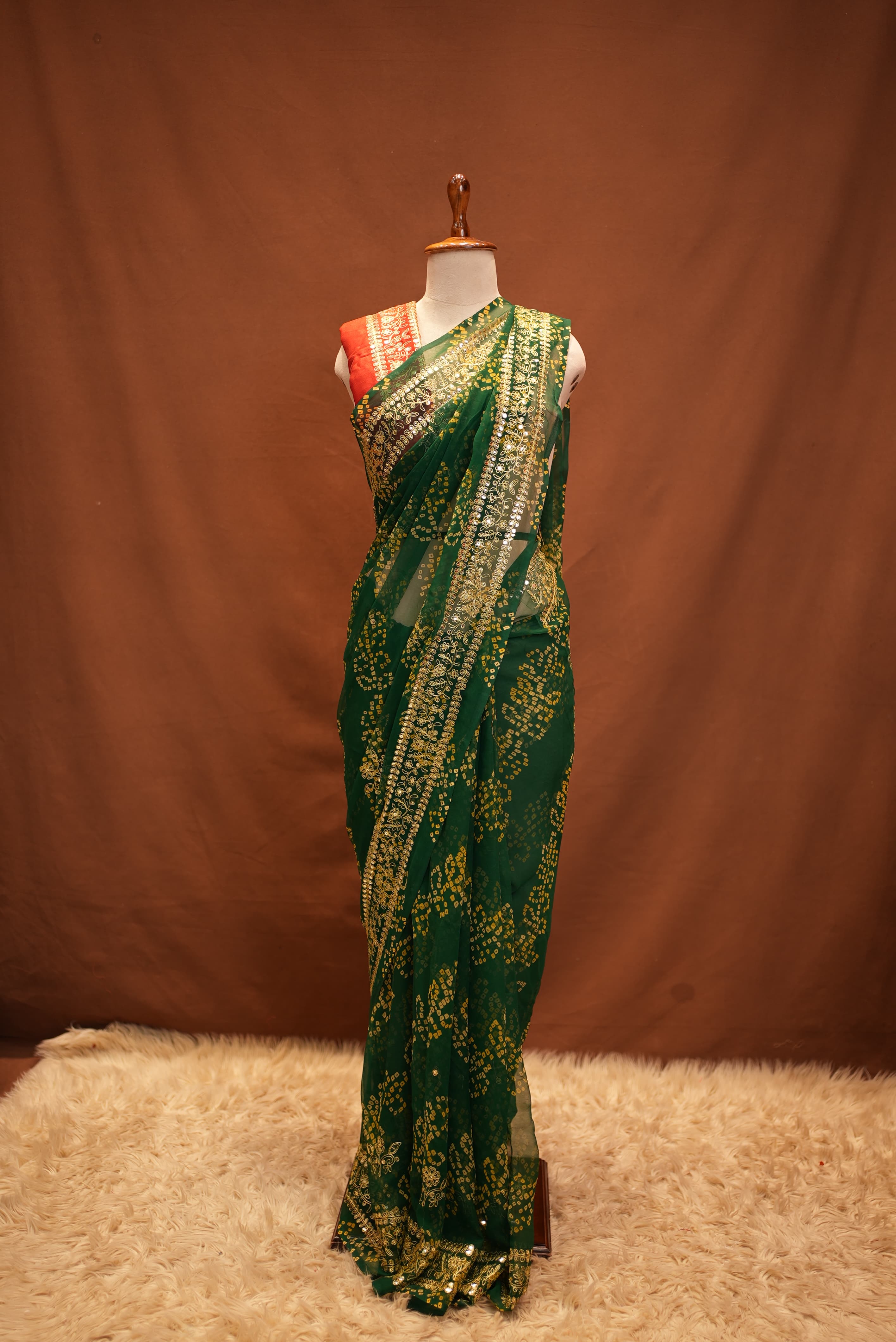 Georgette Bandhani Saree with Aari Tari Work & Green Blouse