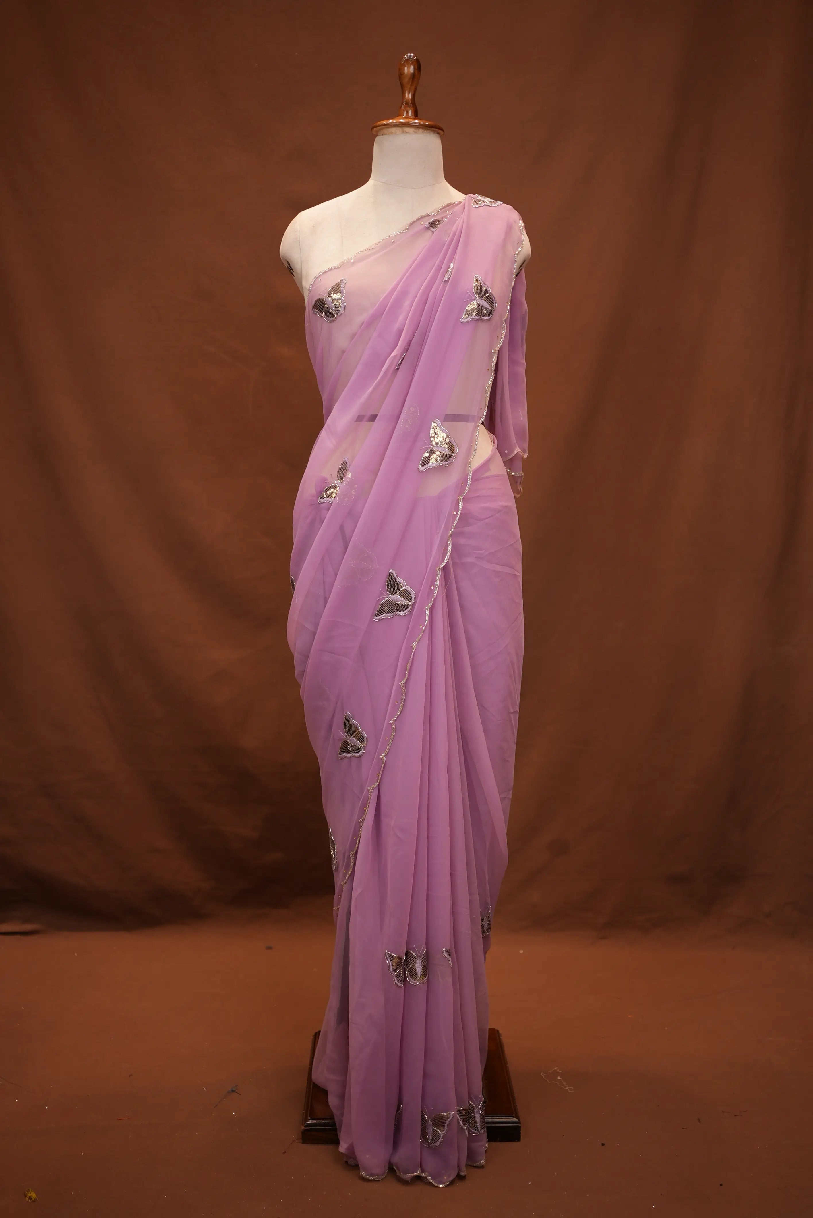 Georgette Saree with Butterfly Design & Cutwork Border (With Blouse)