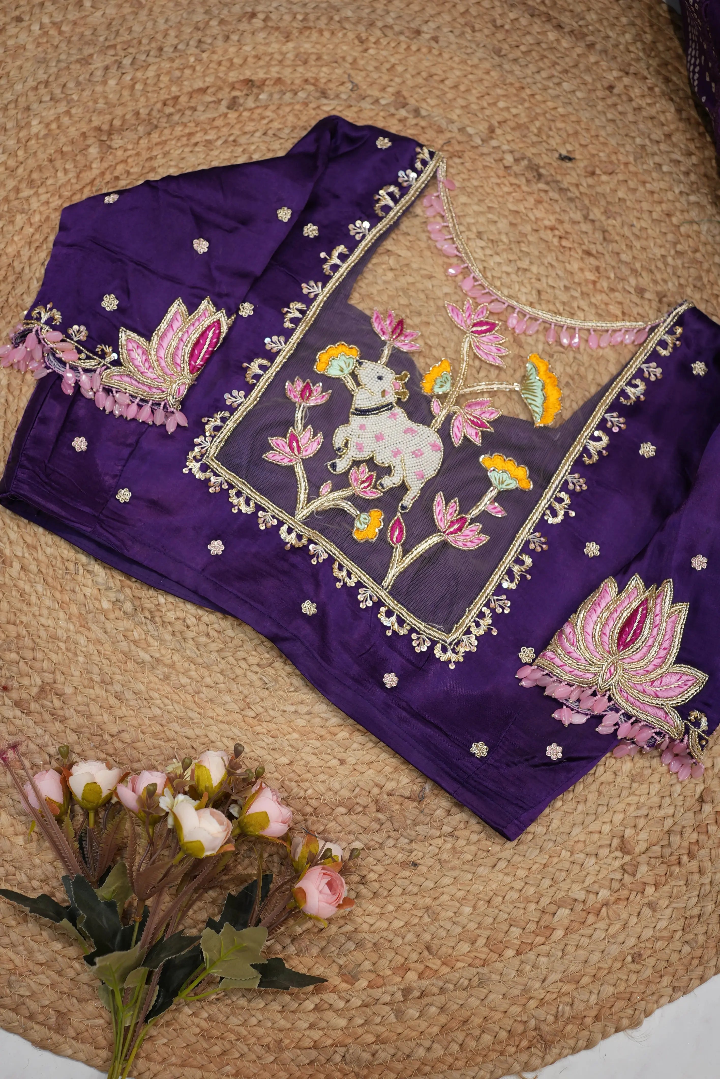 Pichwai Design Handwork Blouse On Gazzi Silk Fabric