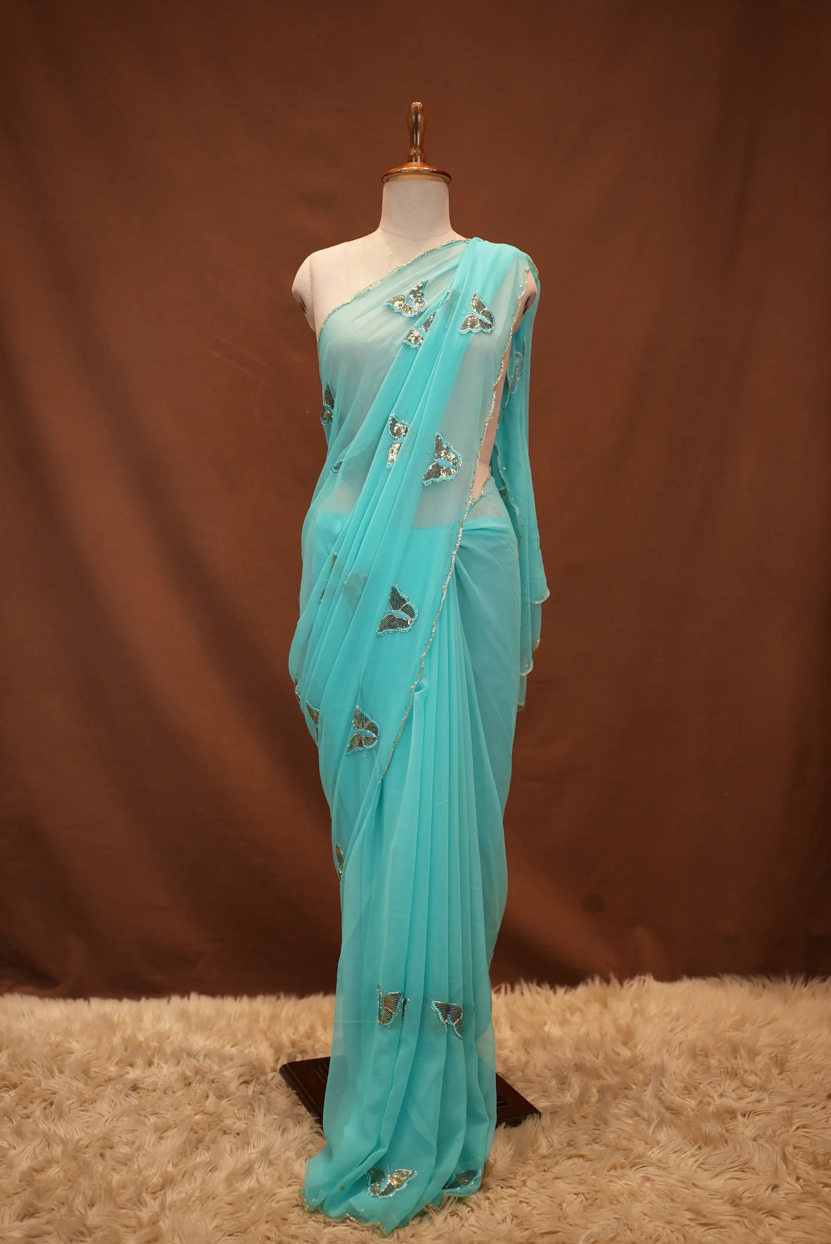Georgette Saree with Butterfly Design & Cutwork Border (With Blouse)