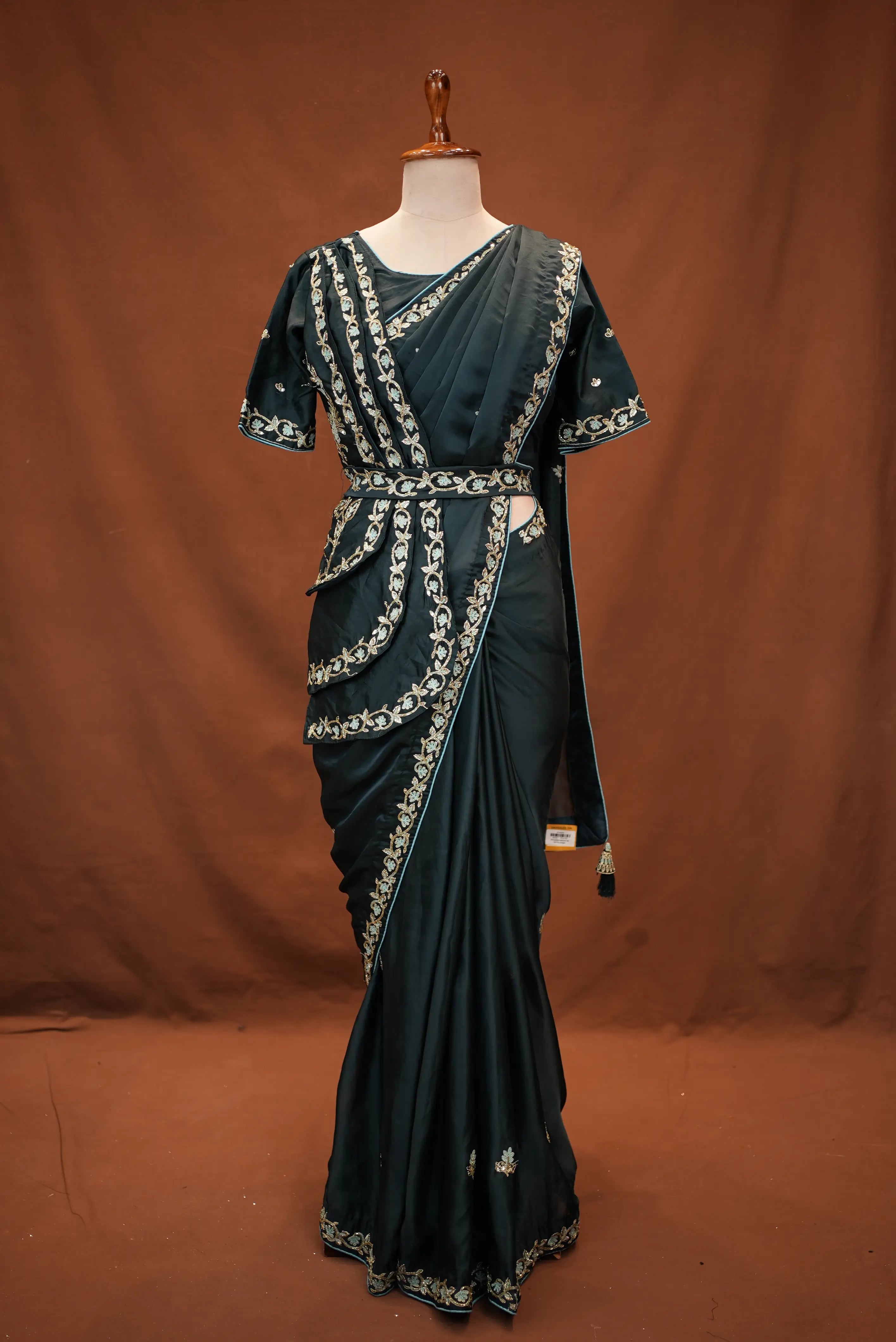 Olive Green Saree with Handwork Stitched Blouse & Belt