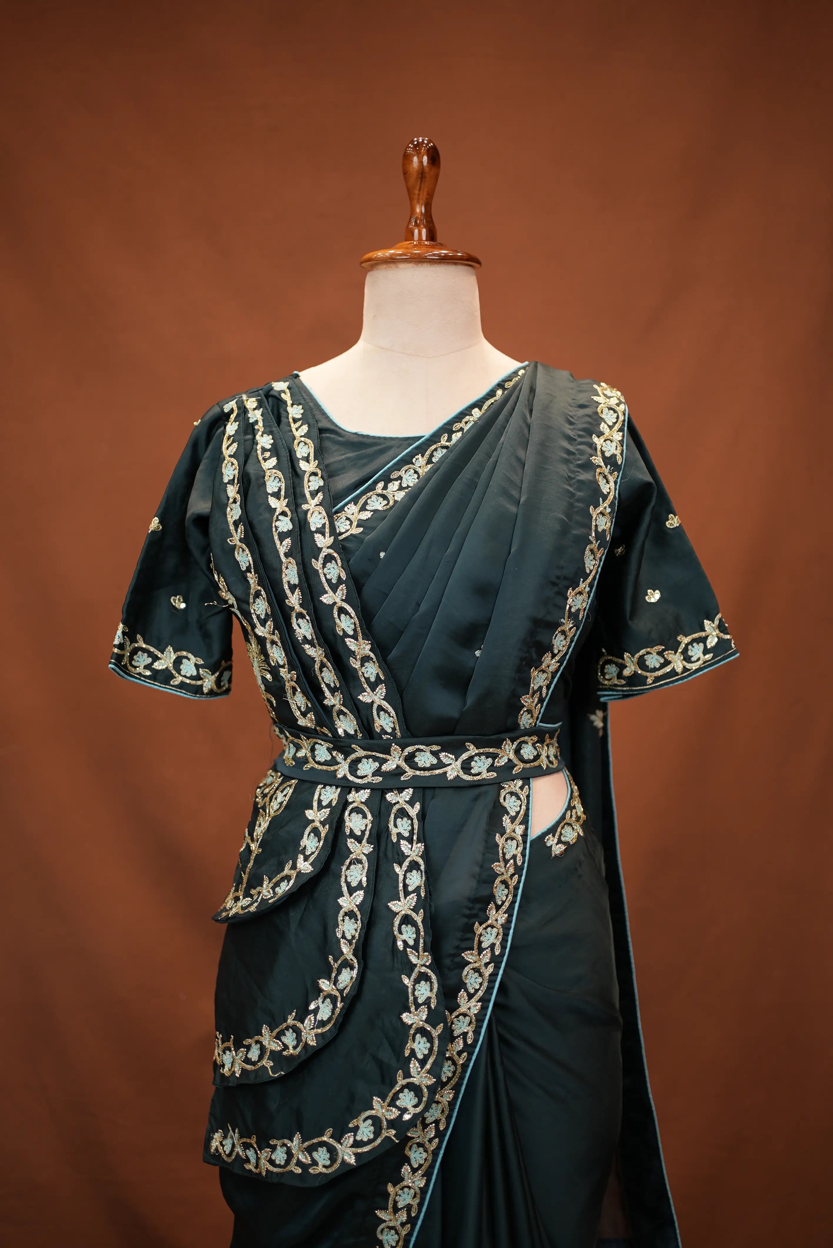 Olive Green Saree with Handwork Stitched Blouse & Belt