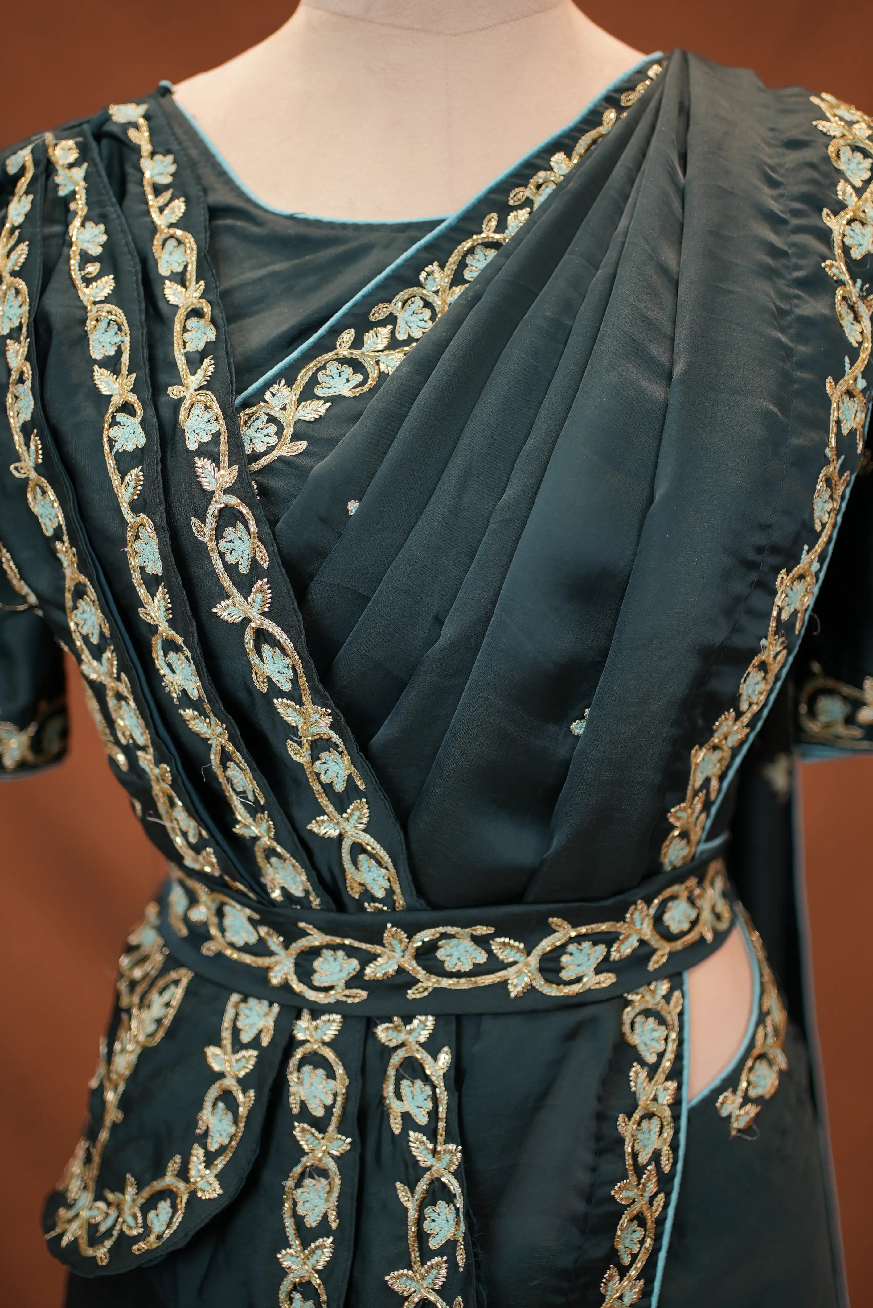 Olive Green Saree with Handwork Stitched Blouse & Belt