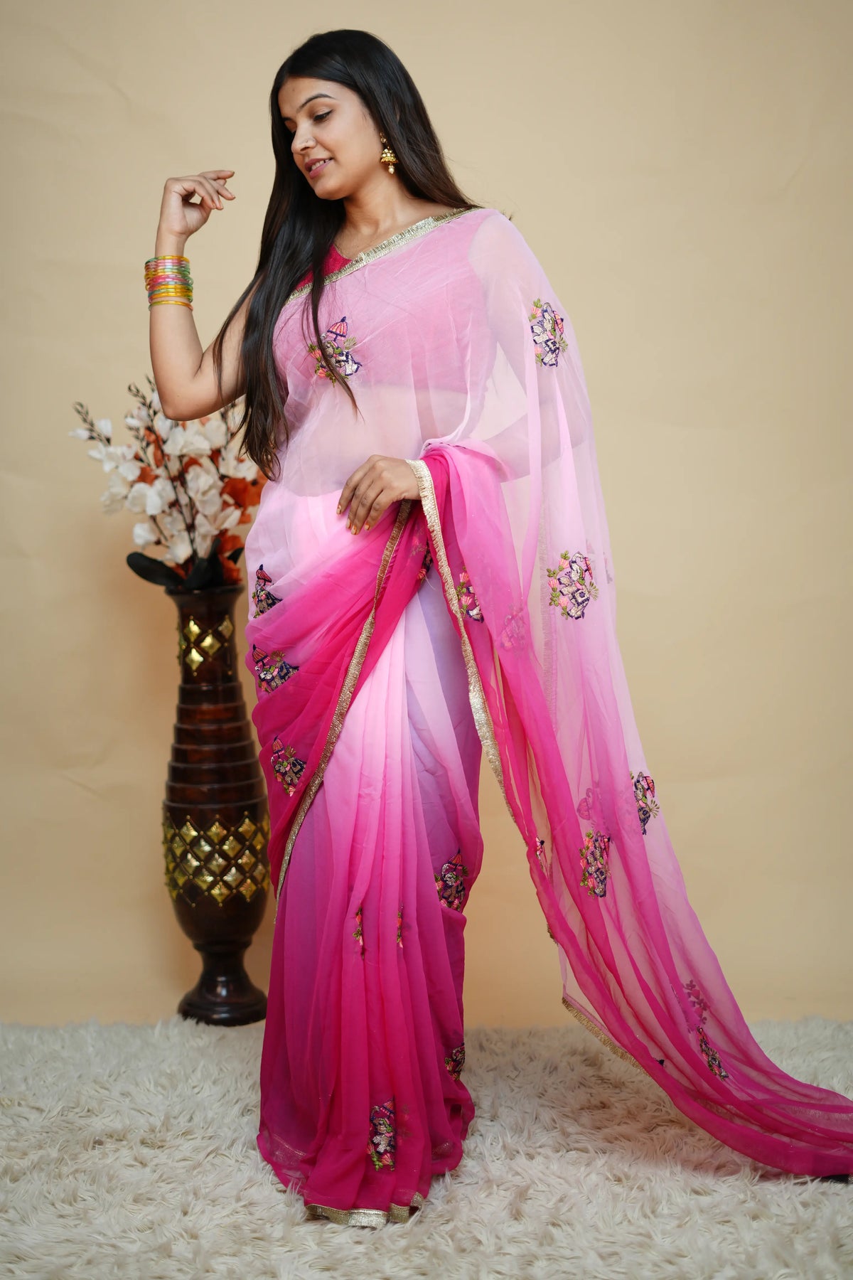 Multishade Georgette Saree With Elephant Motif Embroidery & Golden Lace Border (With Blouse)