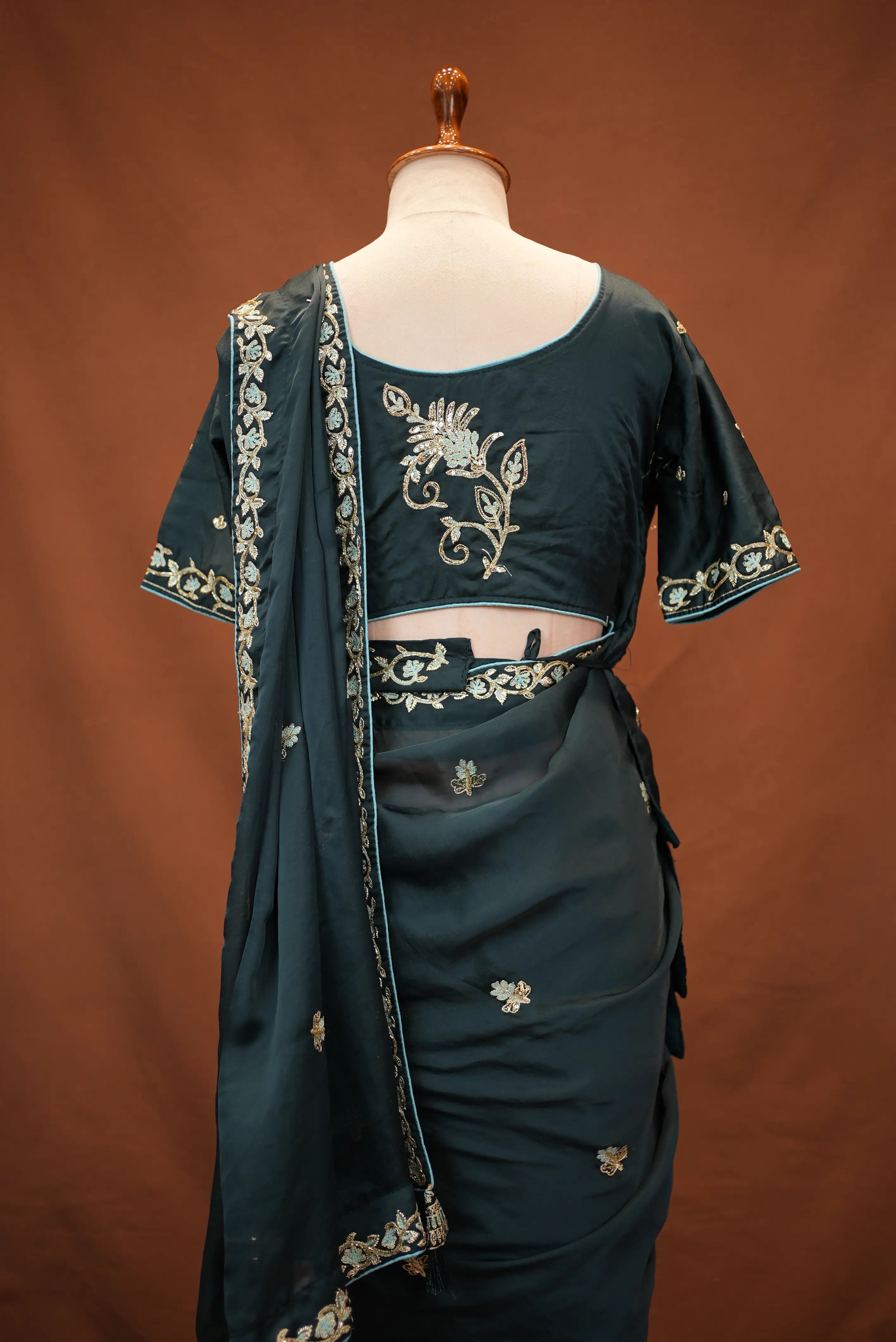 Olive Green Saree with Handwork Stitched Blouse & Belt