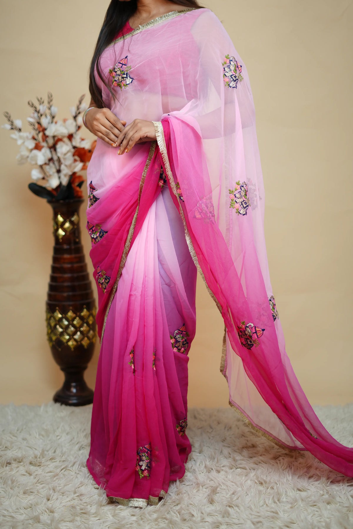 Multishade Georgette Saree With Elephant Motif Embroidery & Golden Lace Border (With Blouse)