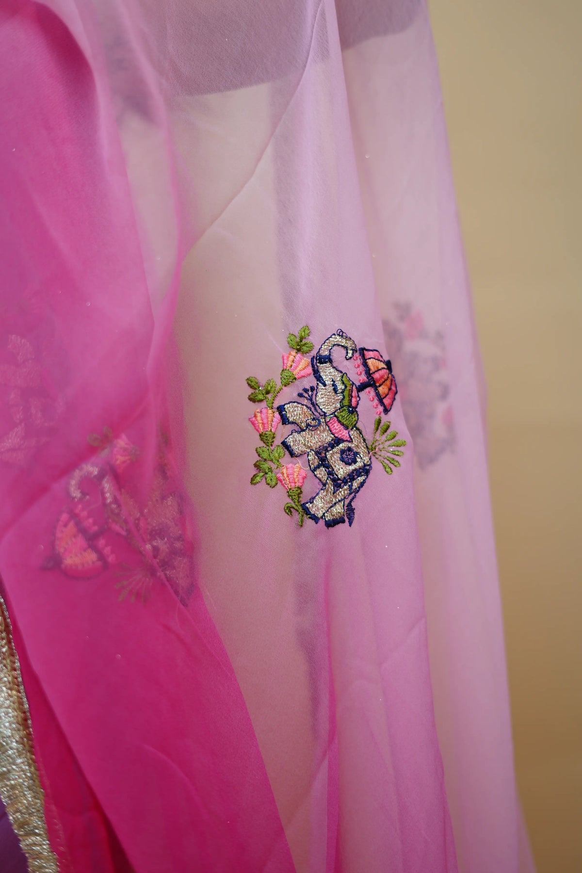 Multishade Georgette Saree With Elephant Motif Embroidery & Golden Lace Border (With Blouse)