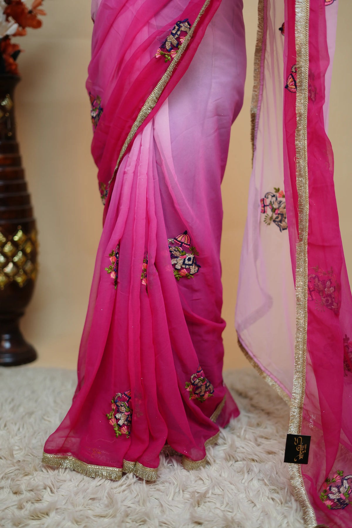 Multishade Georgette Saree With Elephant Motif Embroidery & Golden Lace Border (With Blouse)