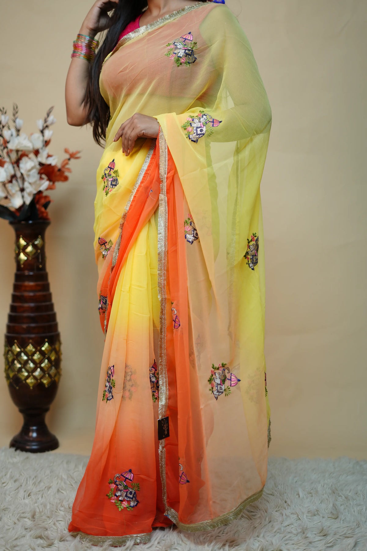 Multishade Georgette Saree With Elephant Motif Embroidery & Golden Lace Border (With Blouse)