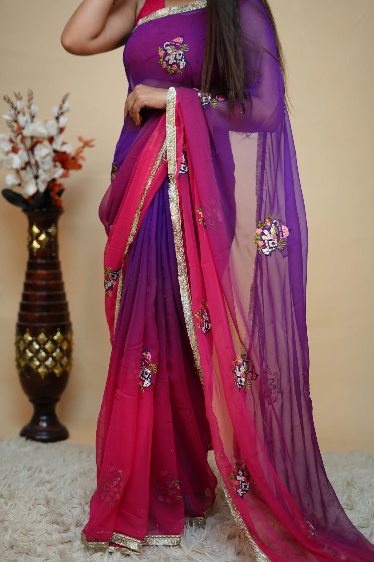 Multishade Georgette Saree With Elephant Motif Embroidery & Golden Lace Border (With Blouse)
