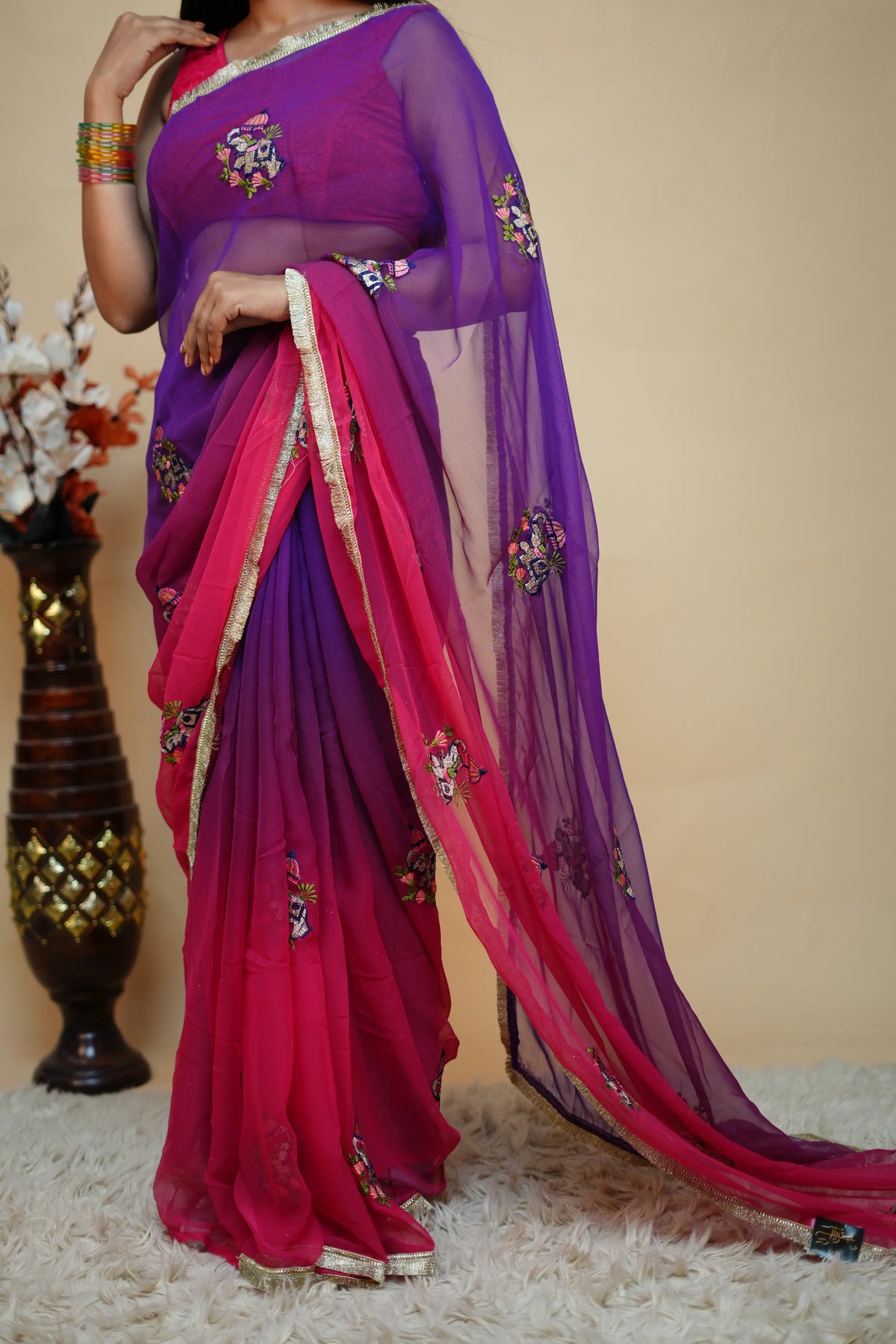Multishade Georgette Saree With Elephant Motif Embroidery & Golden Lace Border (With Blouse)