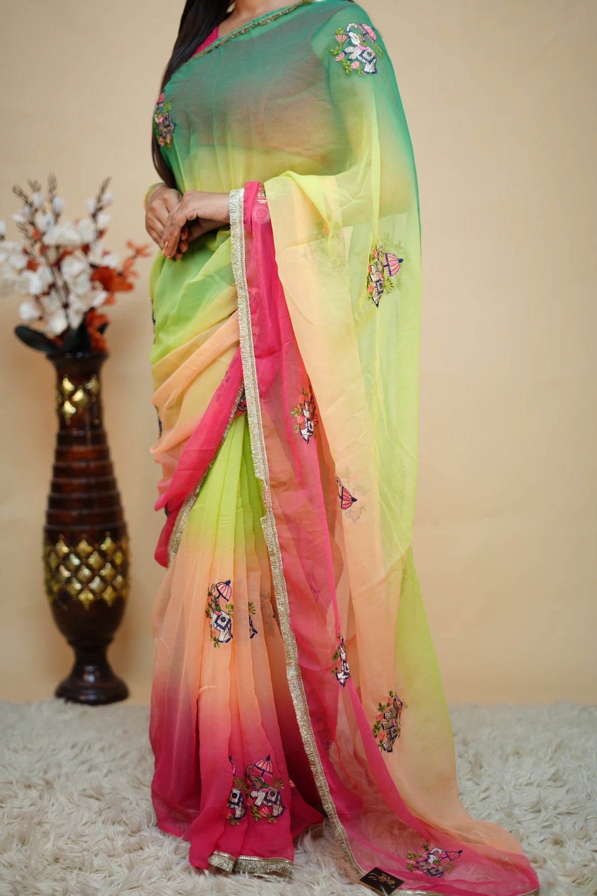 Multishade Georgette Saree With Elephant Motif Embroidery & Golden Lace Border (With Blouse)