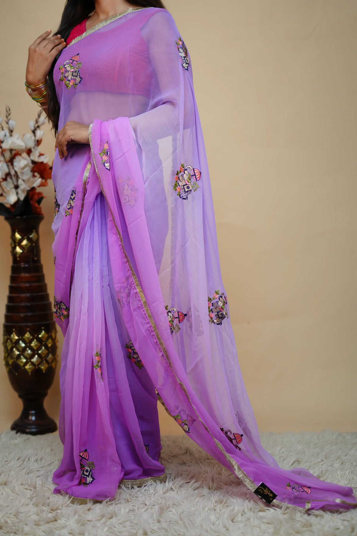Multishade Georgette Saree With Elephant Motif Embroidery & Golden Lace Border (With Blouse)