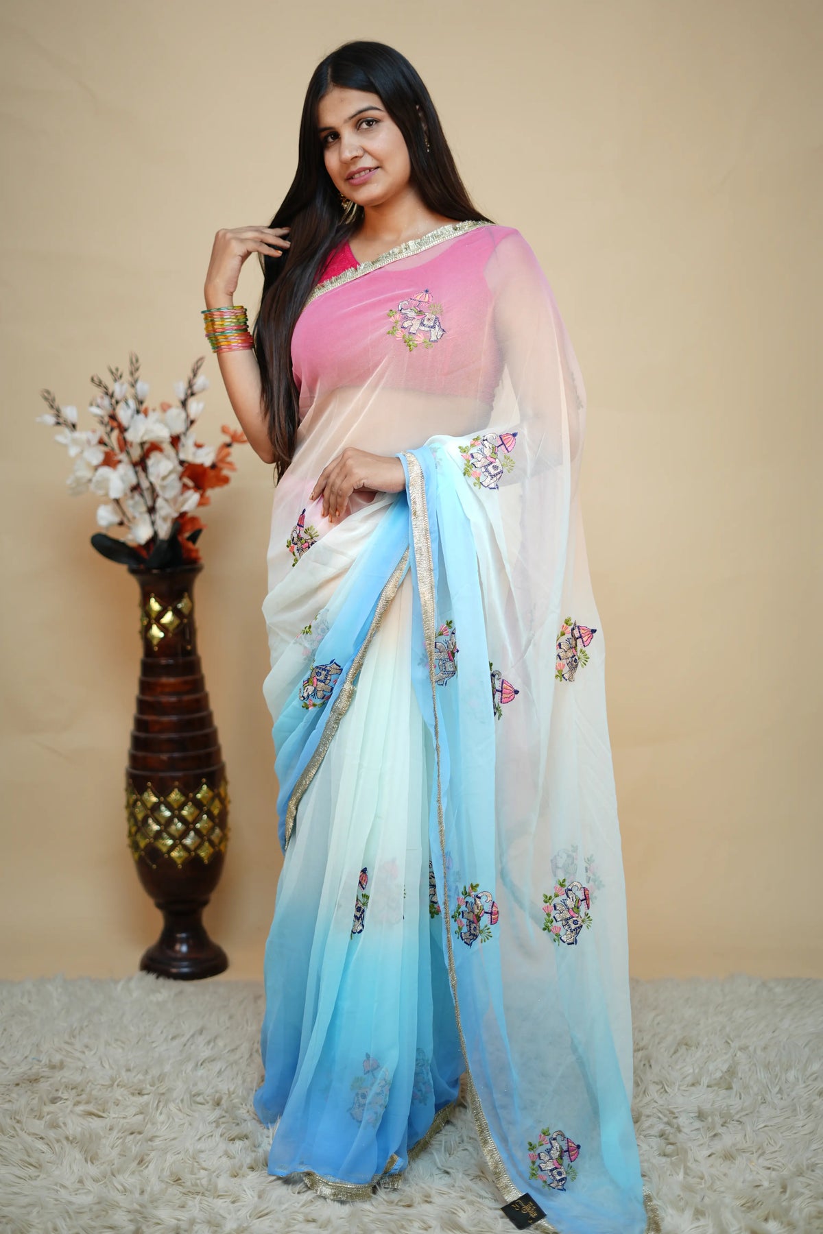 Multishade Georgette Saree With Elephant Motif Embroidery & Golden Lace Border (With Blouse)