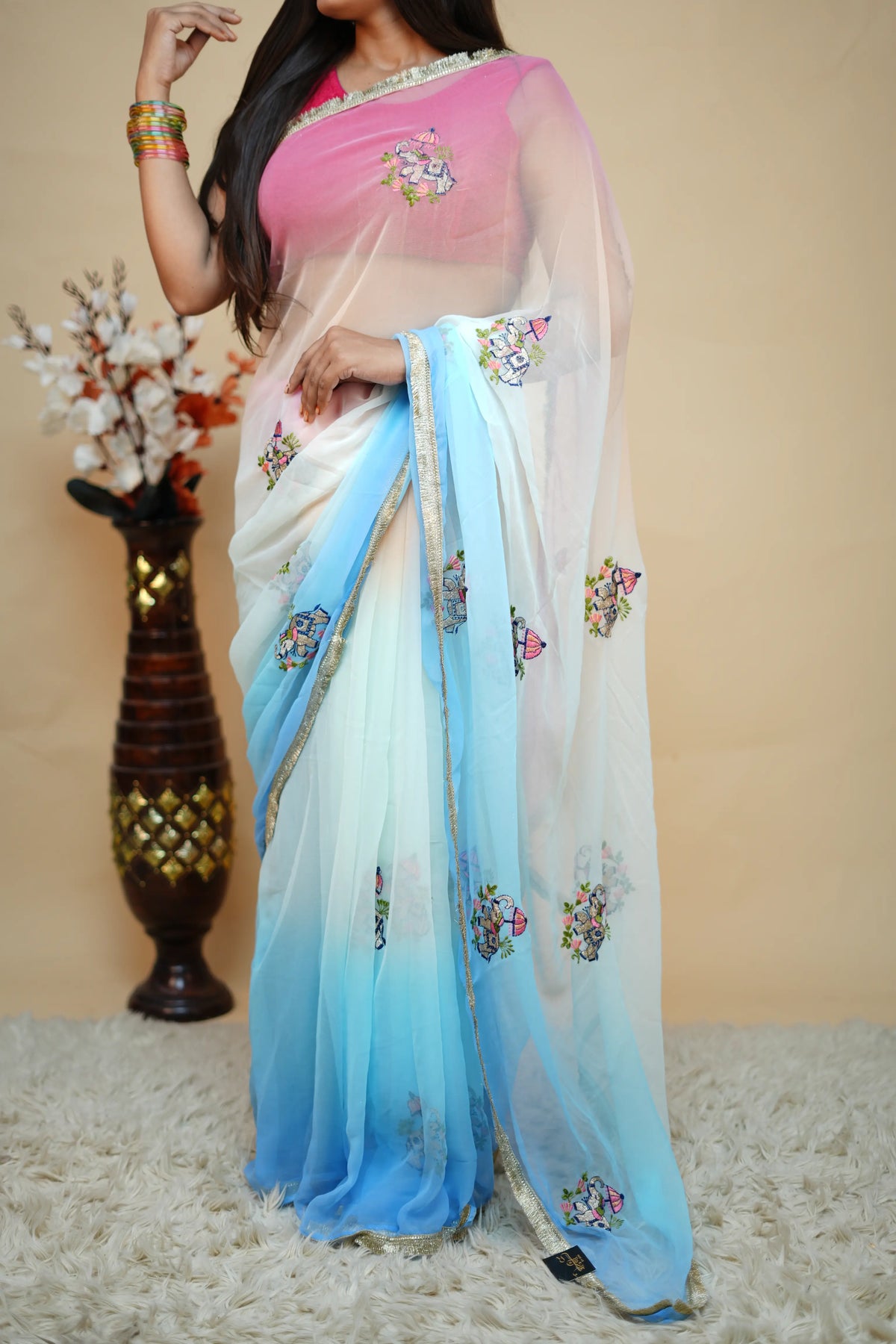 Multishade Georgette Saree With Elephant Motif Embroidery & Golden Lace Border (With Blouse)