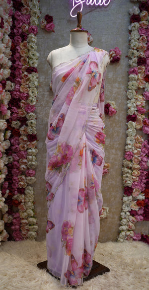 BUTTERFLY PRINT SAREE WITH CUT DANA WORK AND BANARSI WEAVING PATTERN BLOUSE ##SR0336