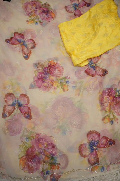 BUTTERFLY PRINT SAREE WITH CUT DANA WORK AND BANARSI WEAVING PATTERN BLOUSE ##SR0336