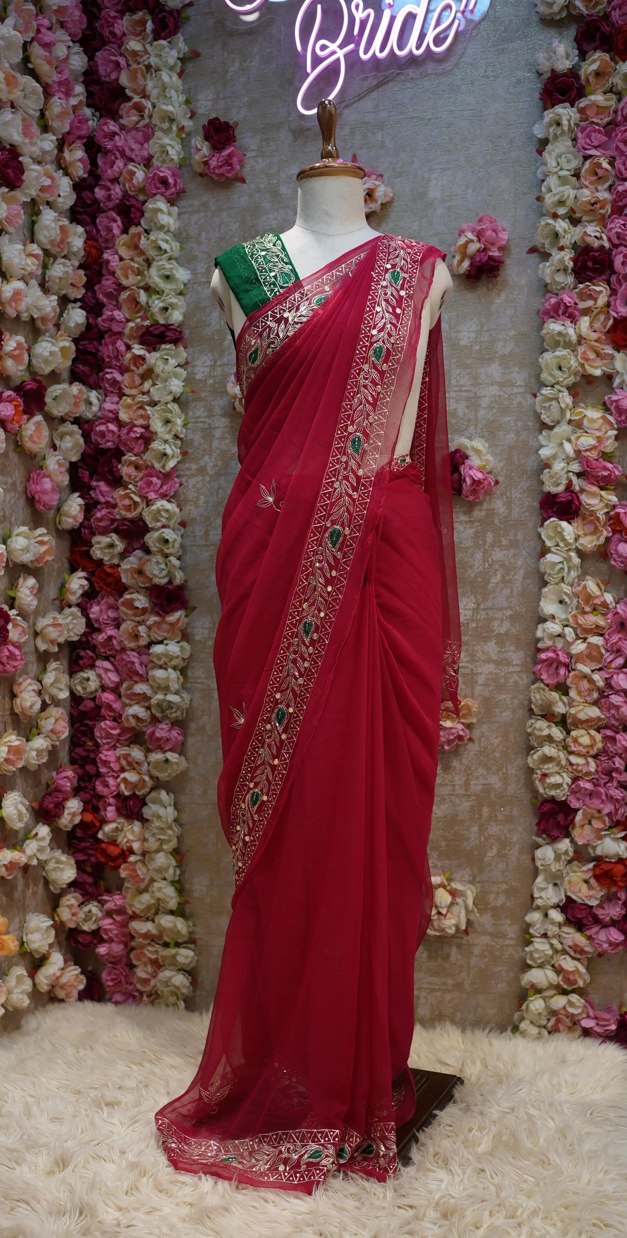 Pure Chiffon Saree with Aari Tari Work & Contrast Green Blouse